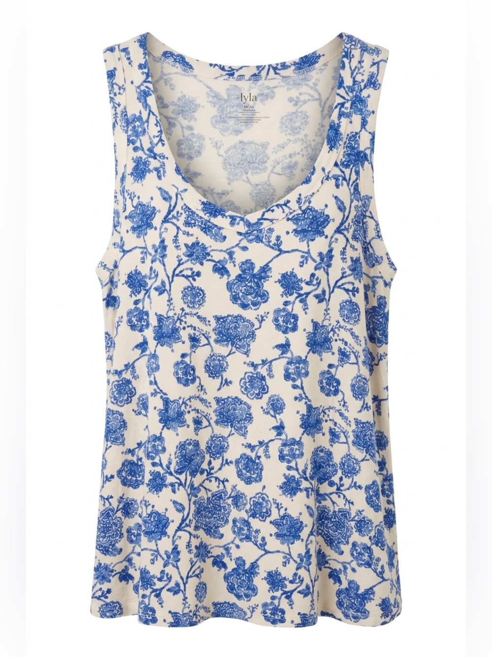 Blue Floral Rayon Tank Top Stretchy Women’s Size M Breathable Layering Feminine